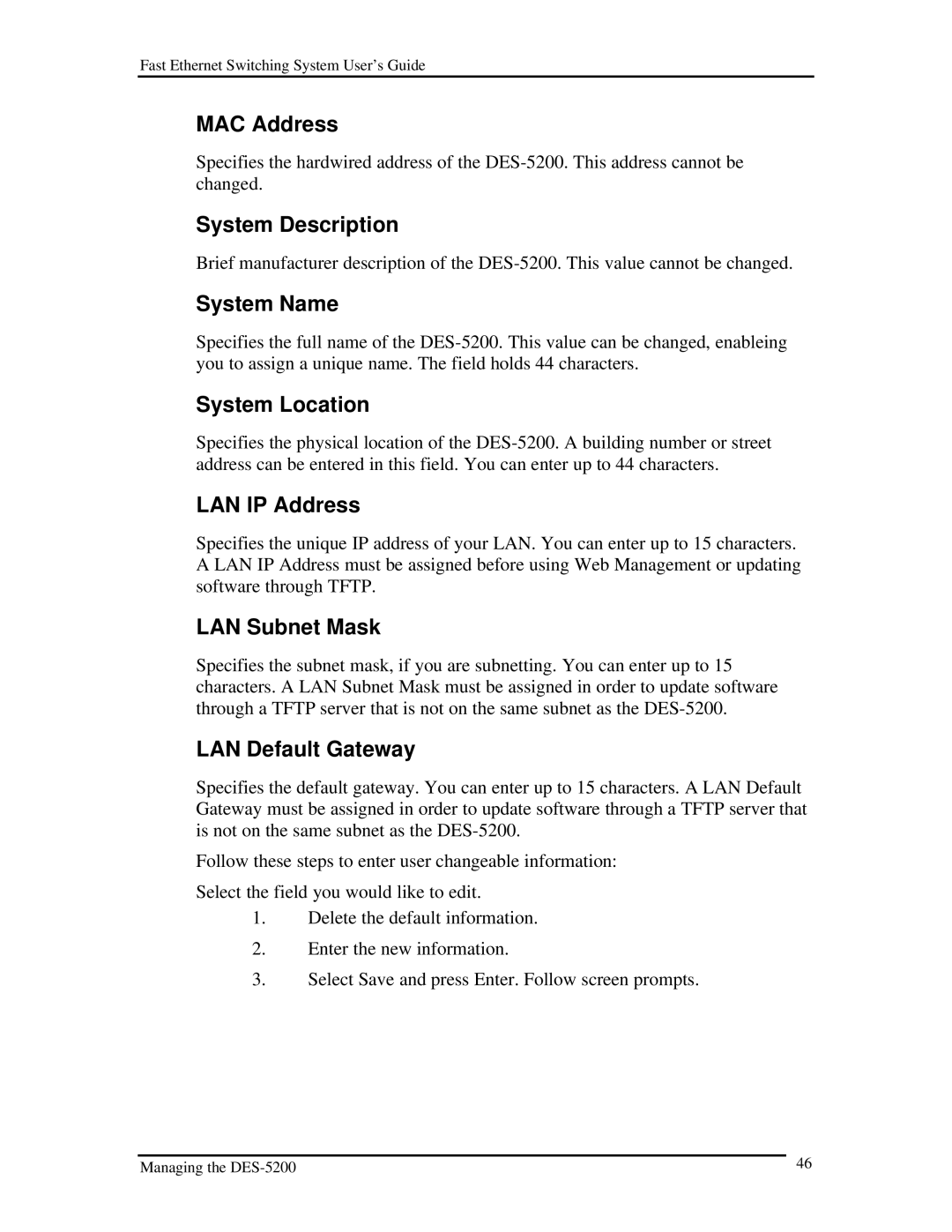 D-Link DES-5200 manual MAC Address, System Description, System Name, System Location, LAN IP Address, LAN Subnet Mask 