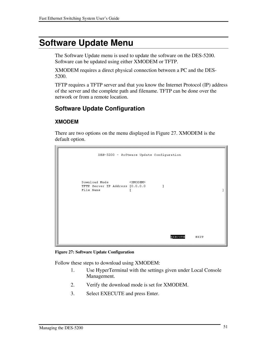 D-Link DES-5200 manual Software Update Menu, Software Update Configuration 