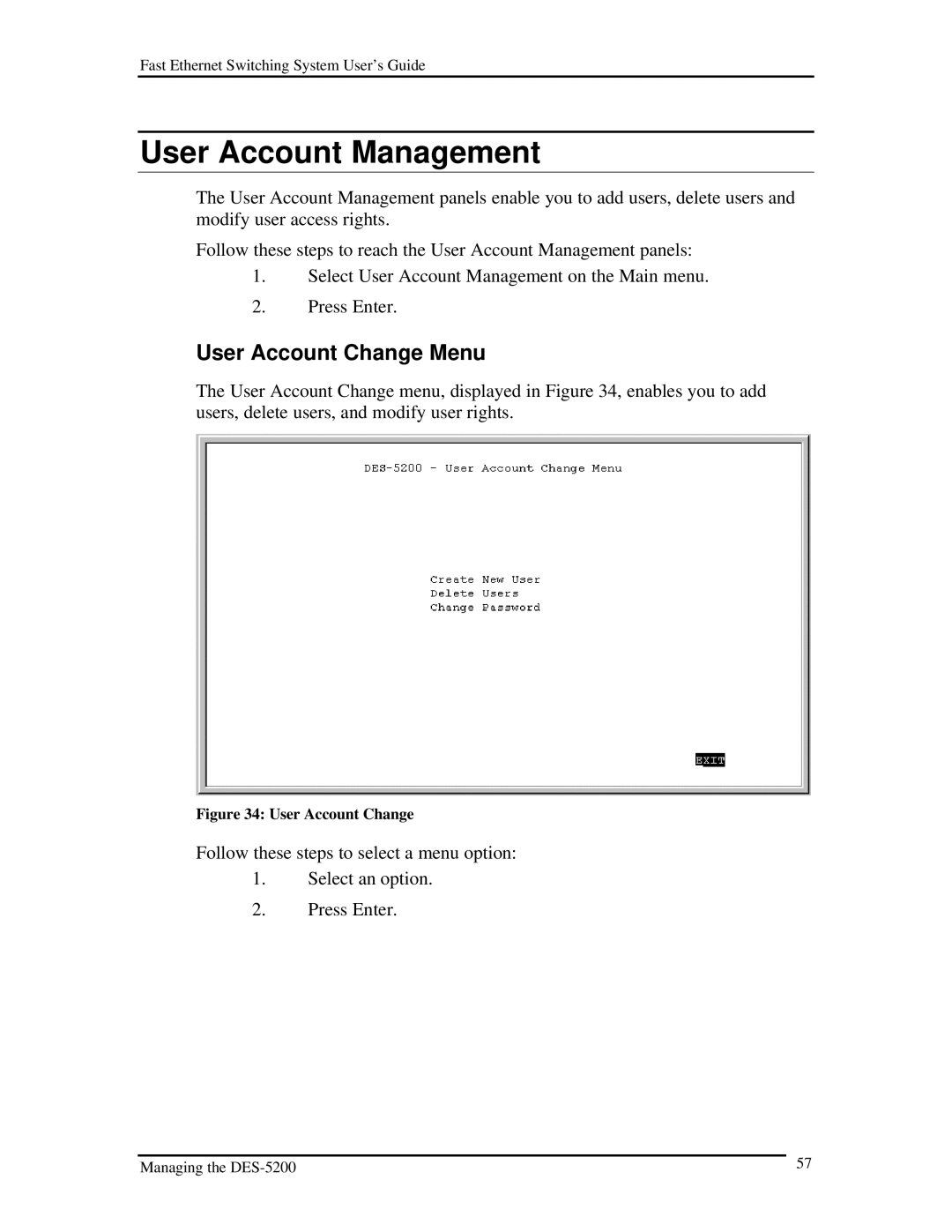 D-Link DES-5200 manual User Account Management, User Account Change Menu 