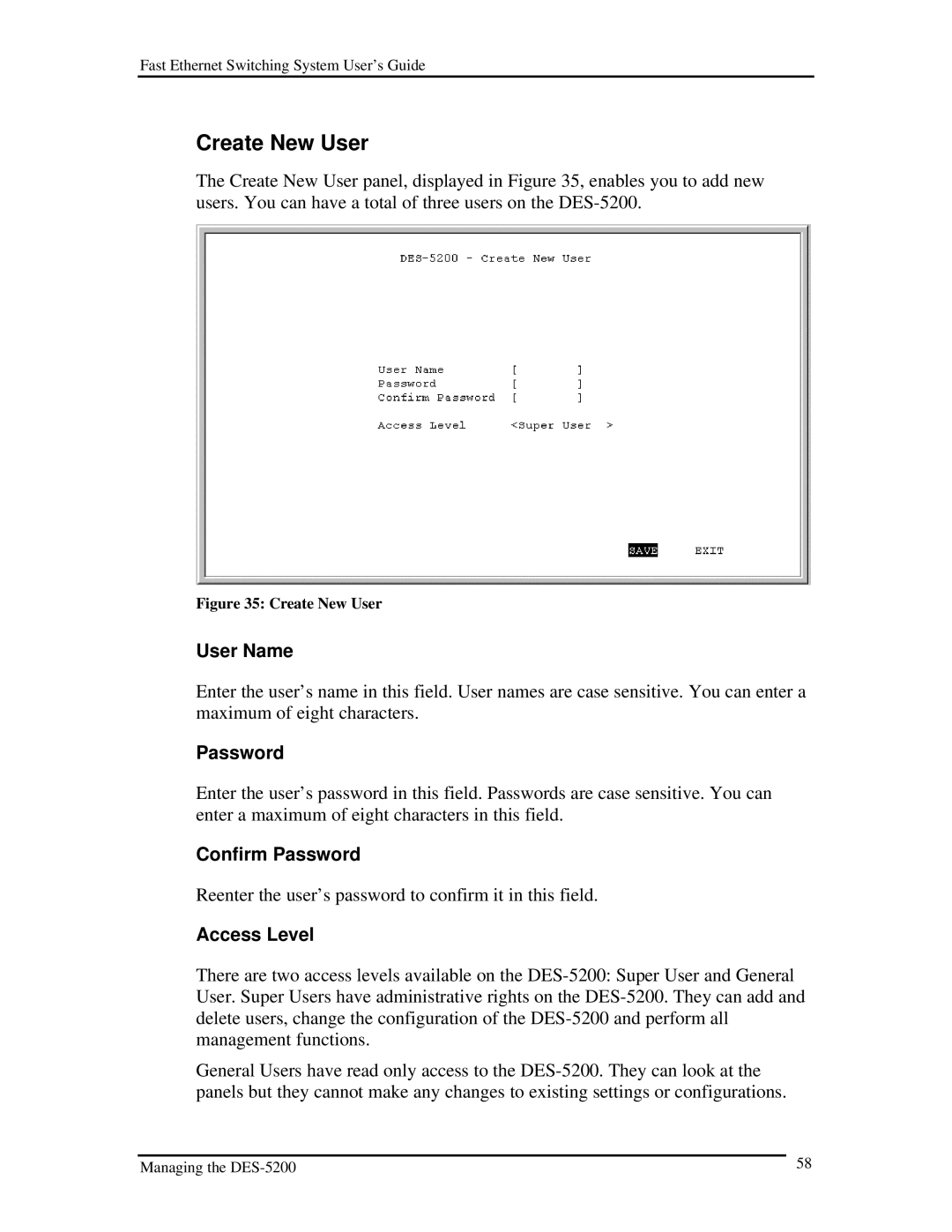 D-Link DES-5200 manual Create New User, User Name, Confirm Password, Access Level 