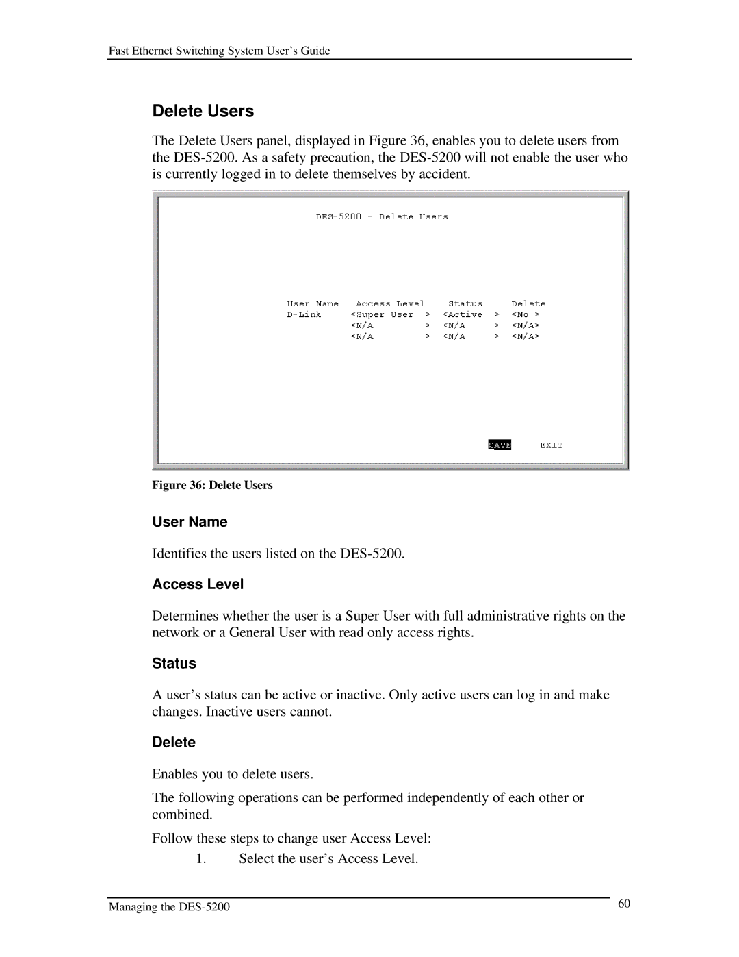 D-Link DES-5200 manual Delete Users 