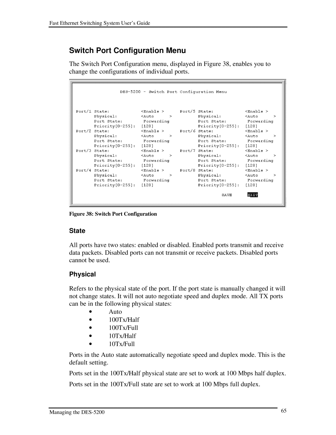 D-Link DES-5200 manual Switch Port Configuration Menu, State, Physical 