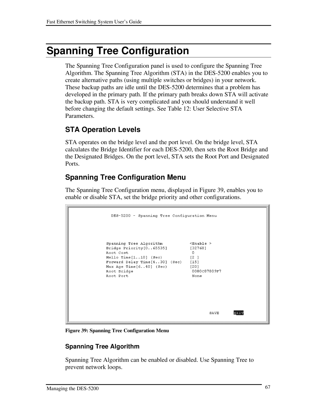 D-Link DES-5200 manual STA Operation Levels, Spanning Tree Configuration Menu, Spanning Tree Algorithm 