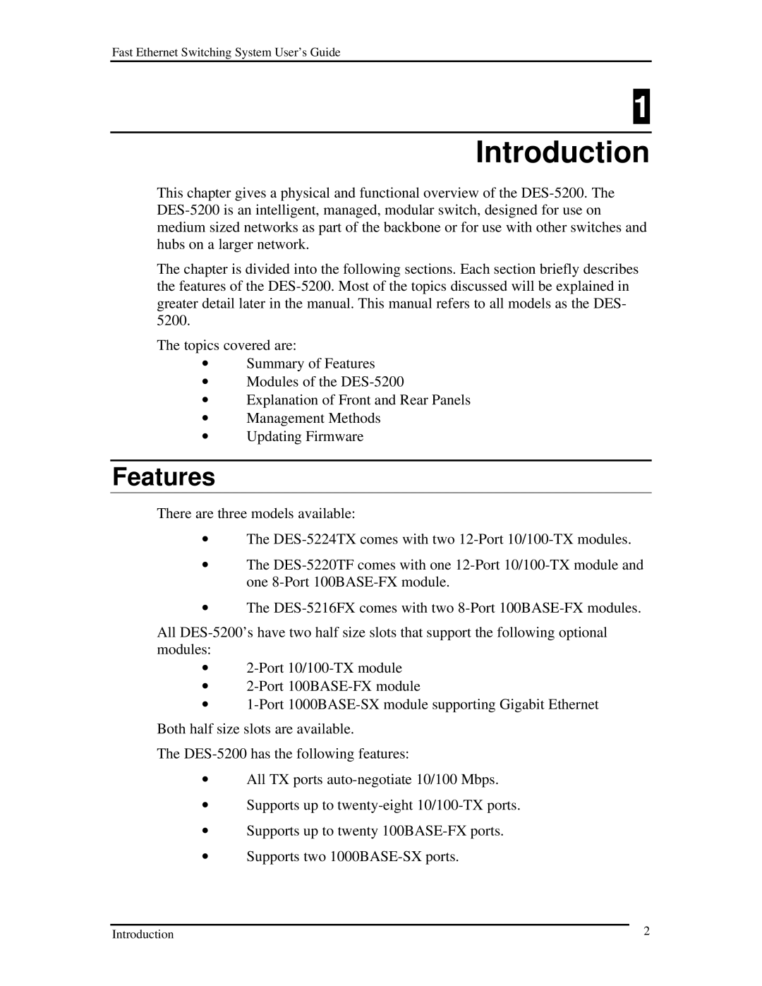 D-Link DES-5200 manual Introduction, Features 