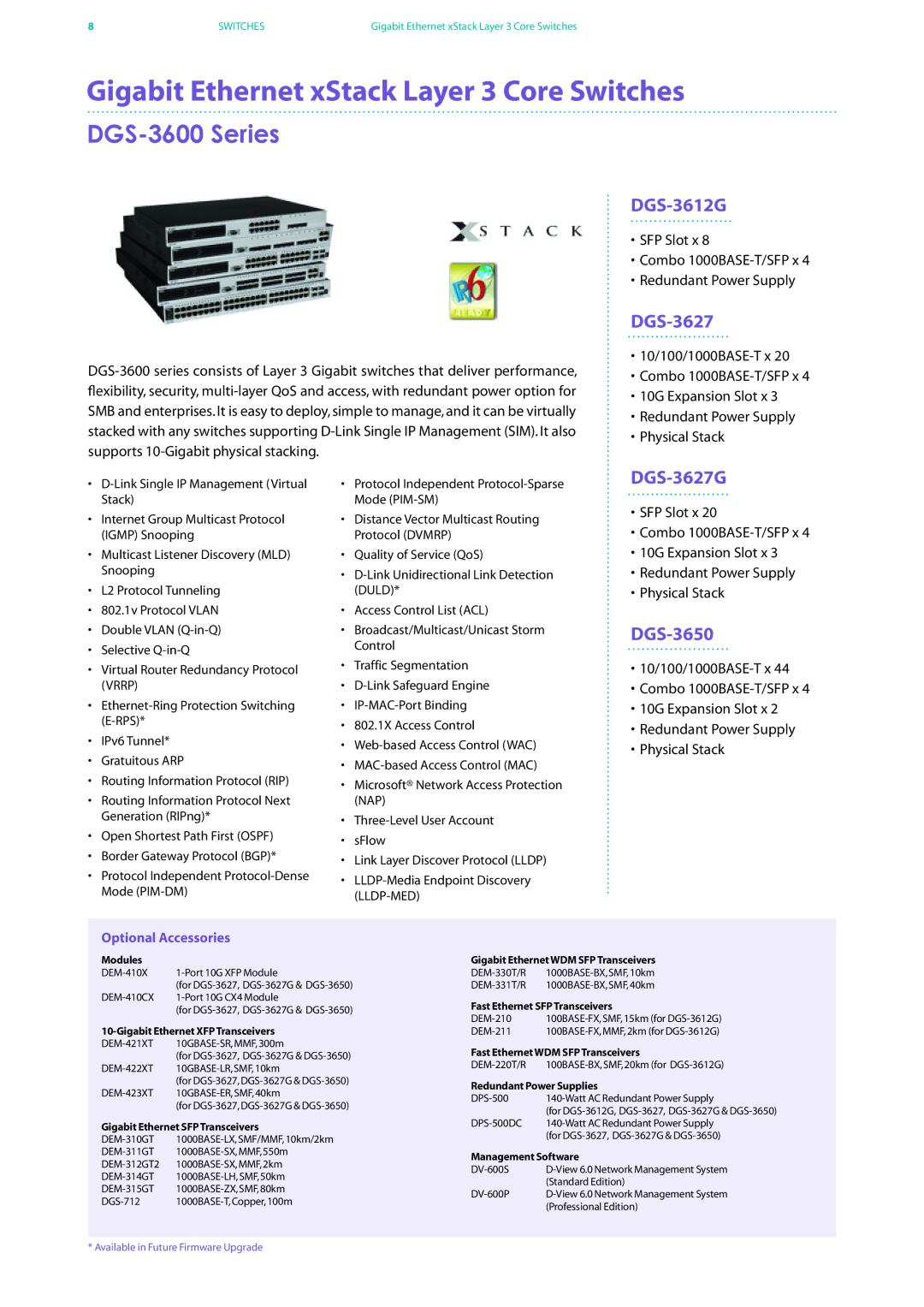 D-Link DES-7200 manual Gigabit Ethernet xStack Layer 3 Core Switches, DGS-3600 Series 