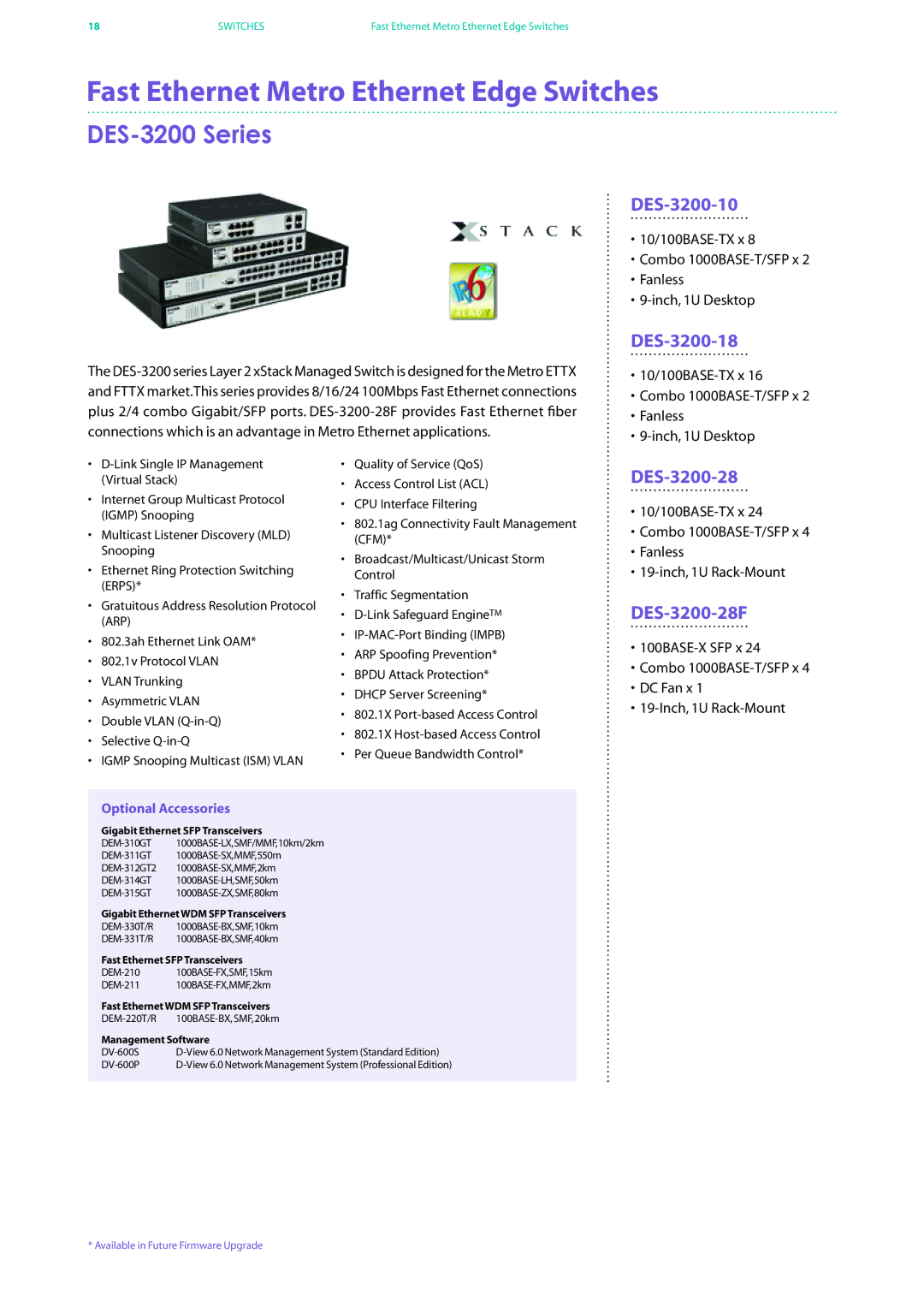 D-Link DES-7200 manual Fast Ethernet Metro Ethernet Edge Switches, DES-3200 Series 