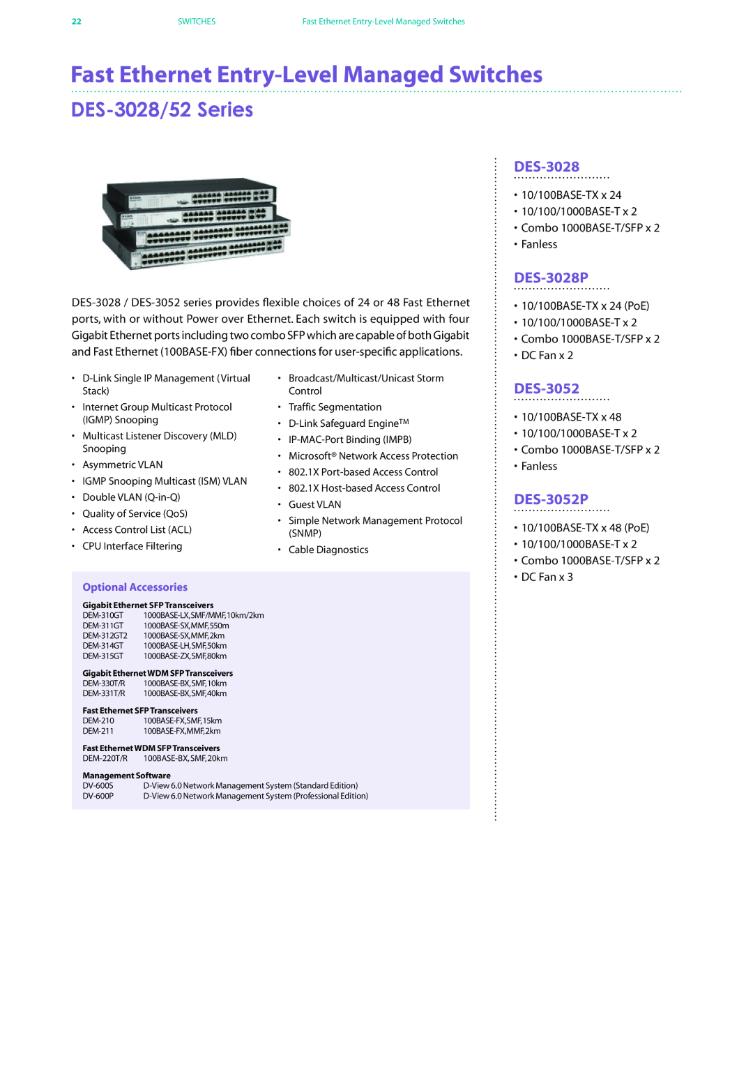 D-Link DES-7200 manual Fast Ethernet Entry-Level Managed Switches, DES-3028/52 Series 