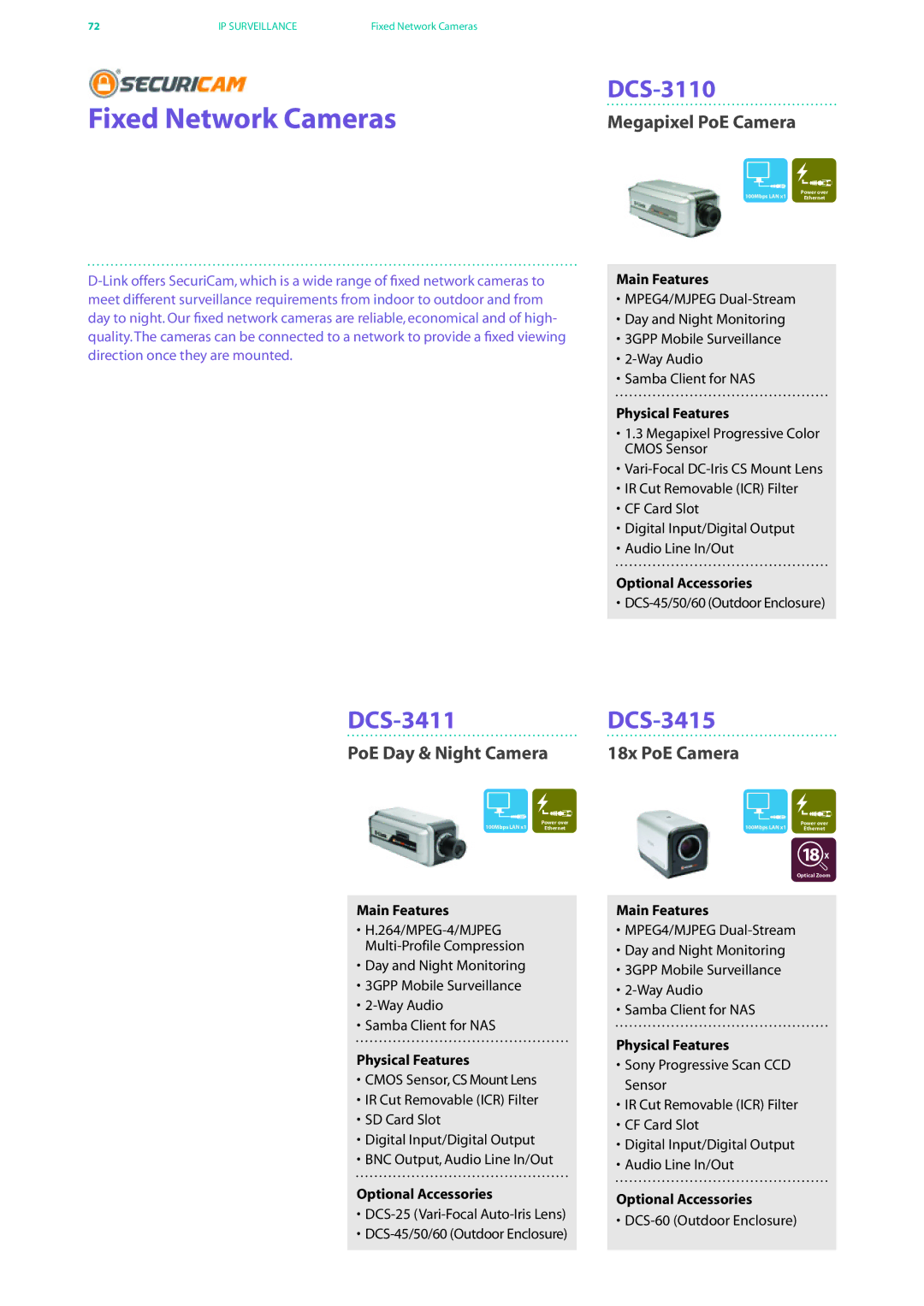 D-Link DES-7200 manual Fixed Network Cameras, DCS-3110, DCS-3411 DCS-3415, Megapixel PoE Camera 