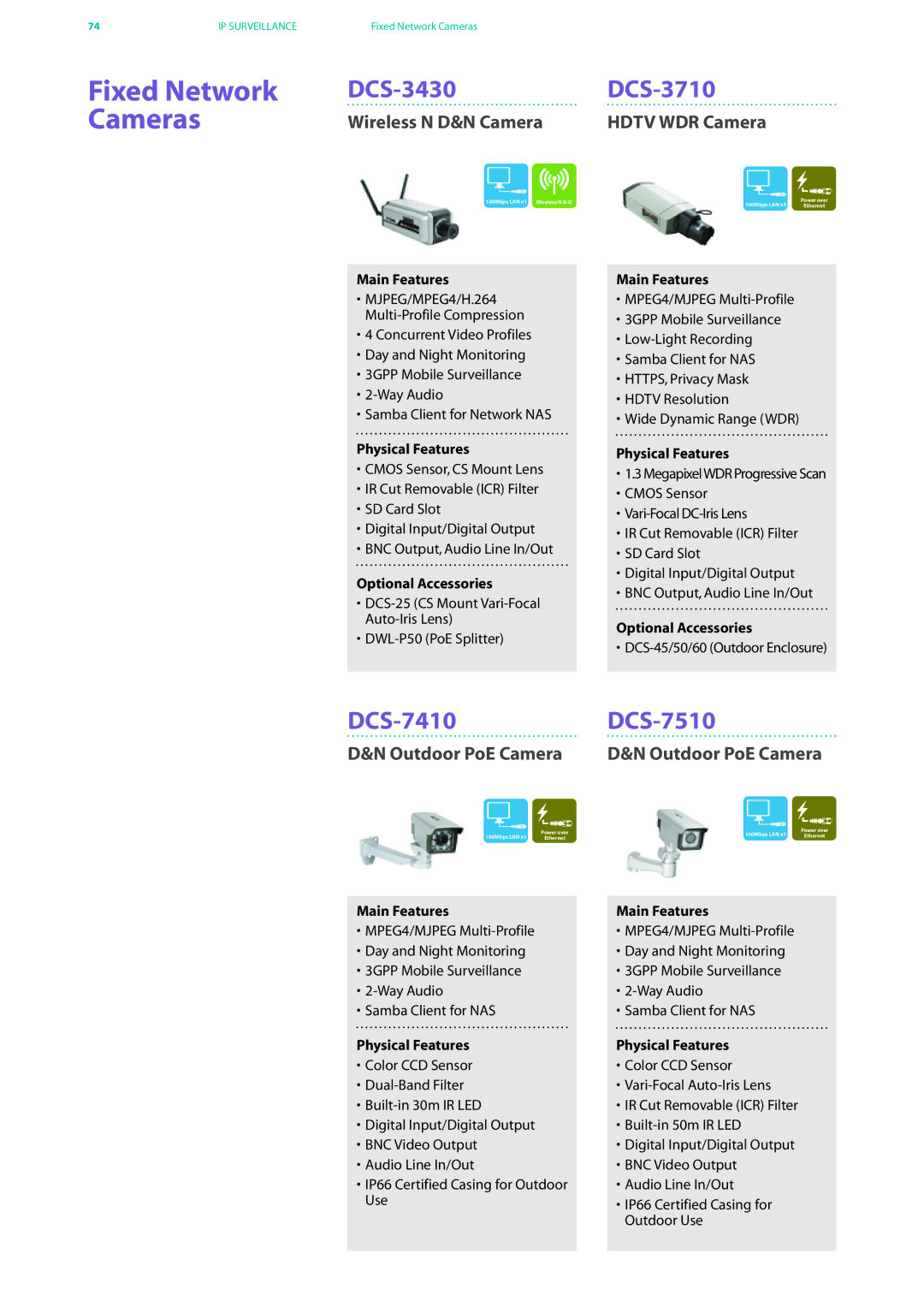 D-Link DES-7200 manual DCS-3430 DCS-3710, DCS-7410 DCS-7510, Wireless N D&N Camera Hdtv WDR Camera, Outdoor PoE Camera 