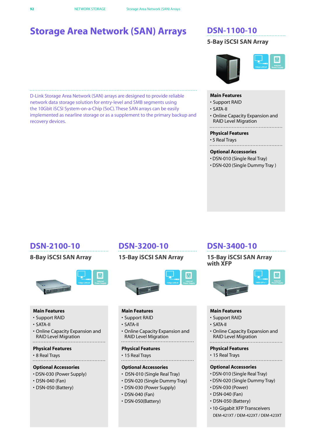 D-Link DES-7200 Storage Area Network SAN Arrays, DSN-1100-10, DSN-2100-10 DSN-3200-10 DSN-3400-10, Bay iSCSI SAN Array 