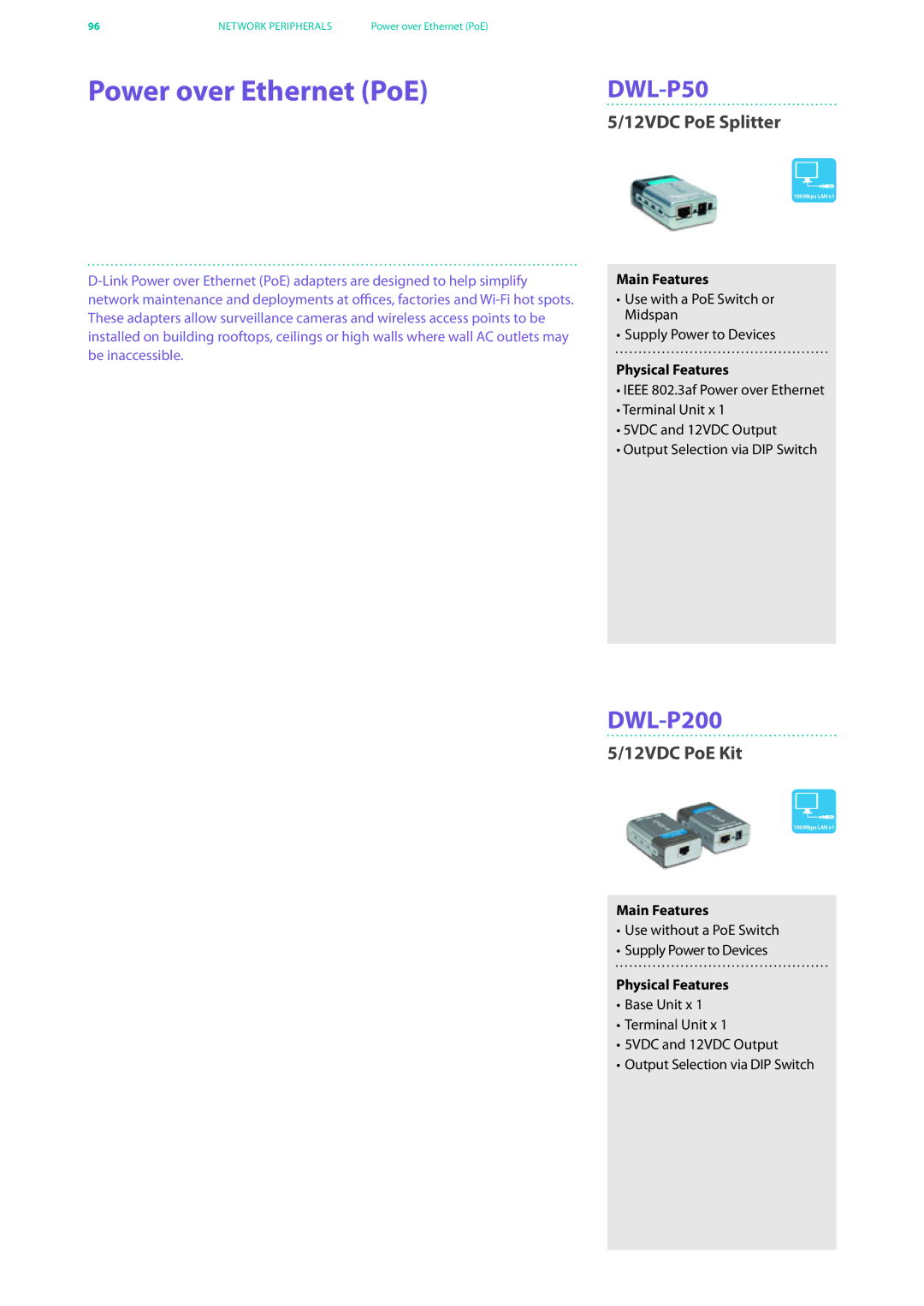 D-Link DES-7200 manual Power over Ethernet PoE, DWL-P200, 12VDC PoE Splitter, 12VDC PoE Kit 