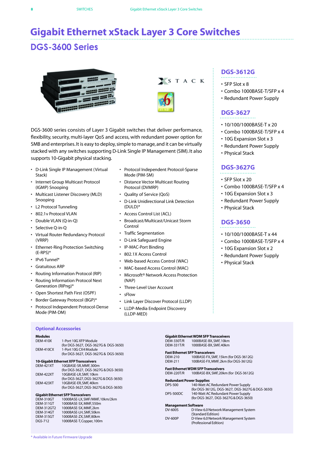 D-Link DES-7200 manual Gigabit Ethernet xStack Layer 3 Core Switches, DGS-3600 Series, DGS-3612G, DGS-3627G, DGS-3650 