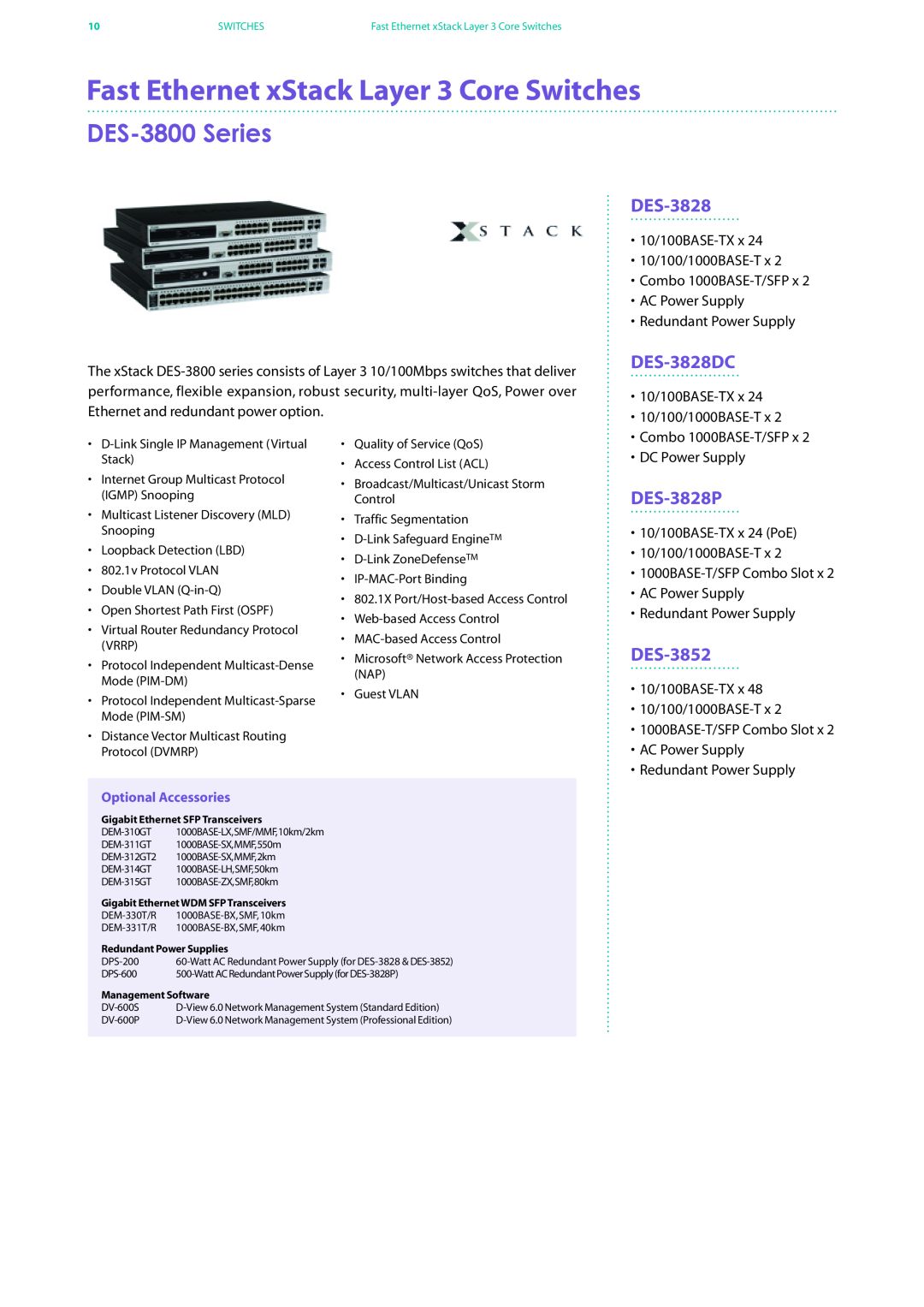 D-Link DES-7200 manual Fast Ethernet xStack Layer 3 Core Switches, DES-3800 Series, DES-3828DC, DES-3828P, DES-3852 