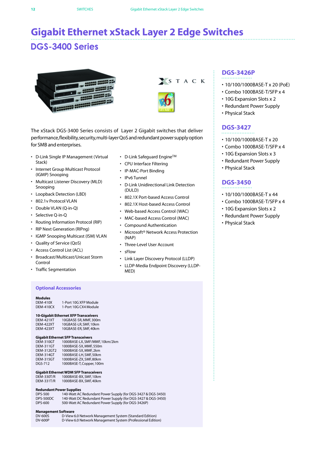 D-Link DES-7200 manual Gigabit Ethernet xStack Layer 2 Edge Switches, DGS-3400 Series, DGS-3426P, DGS-3427, DGS-3450 