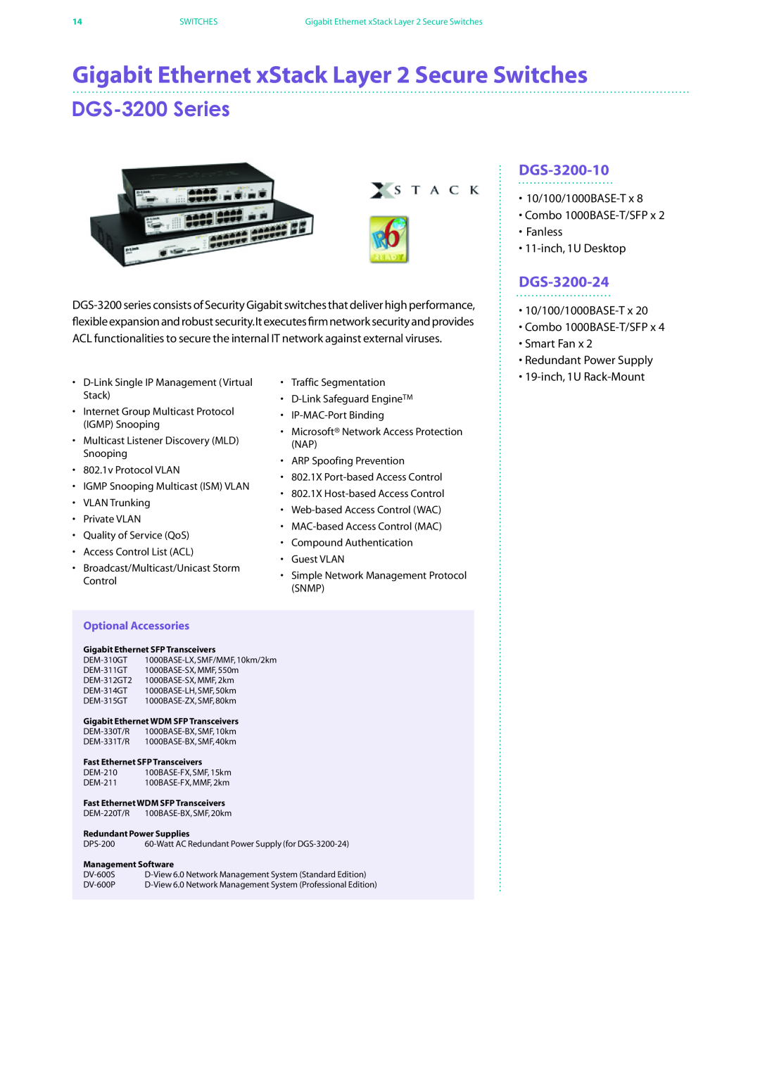 D-Link DES-7200 manual Gigabit Ethernet xStack Layer 2 Secure Switches, DGS-3200 Series, DGS-3200-10, DGS-3200-24 