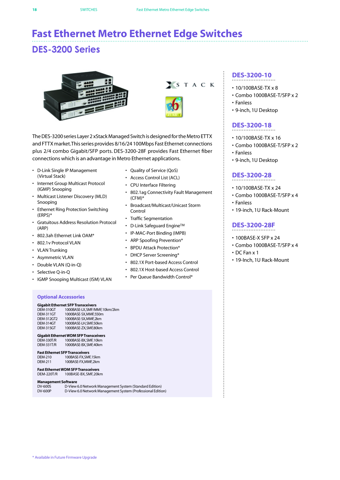 D-Link DES-7200 manual Fast Ethernet Metro Ethernet Edge Switches, DES-3200 Series, DES-3200-10, DES-3200-18, DES-3200-28 