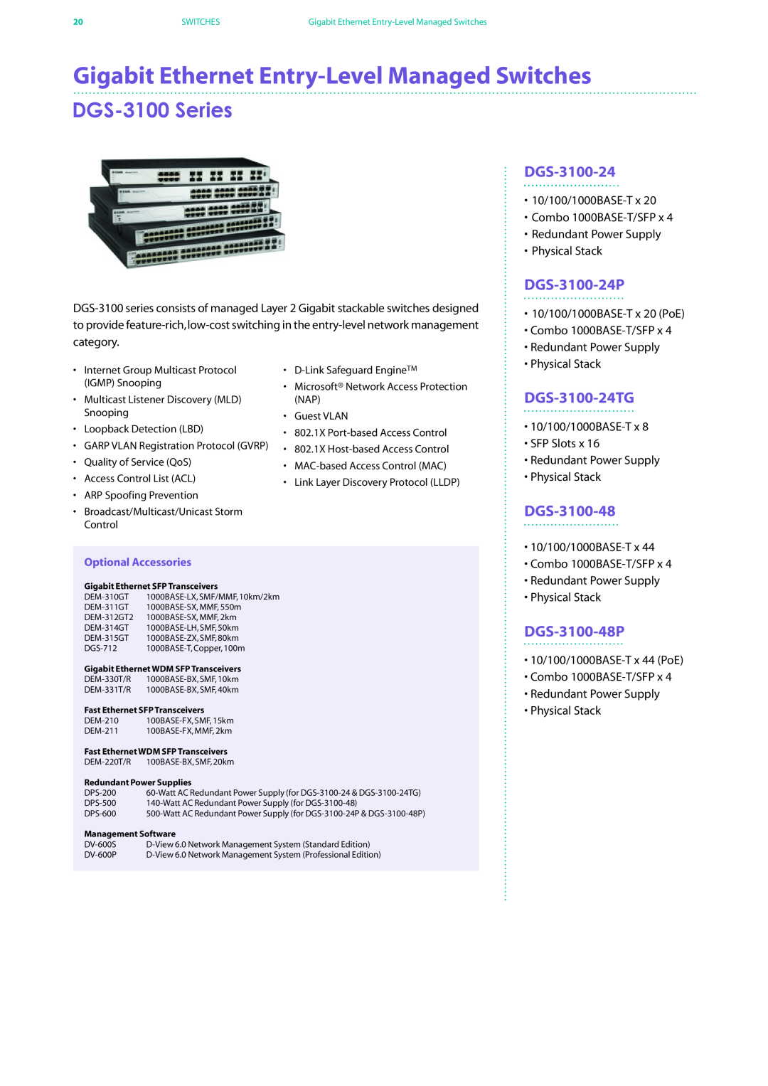 D-Link DES-7200 manual Gigabit Ethernet Entry-Level Managed Switches, DGS-3100 Series, DGS-3100-24P, DGS-3100-24TG 