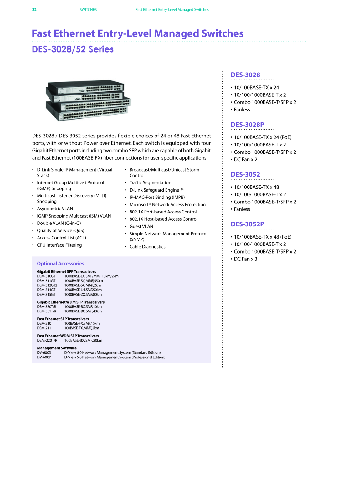 D-Link DES-7200 manual Fast Ethernet Entry-Level Managed Switches, DES-3028/52 Series, DES-3028P, DES-3052P 