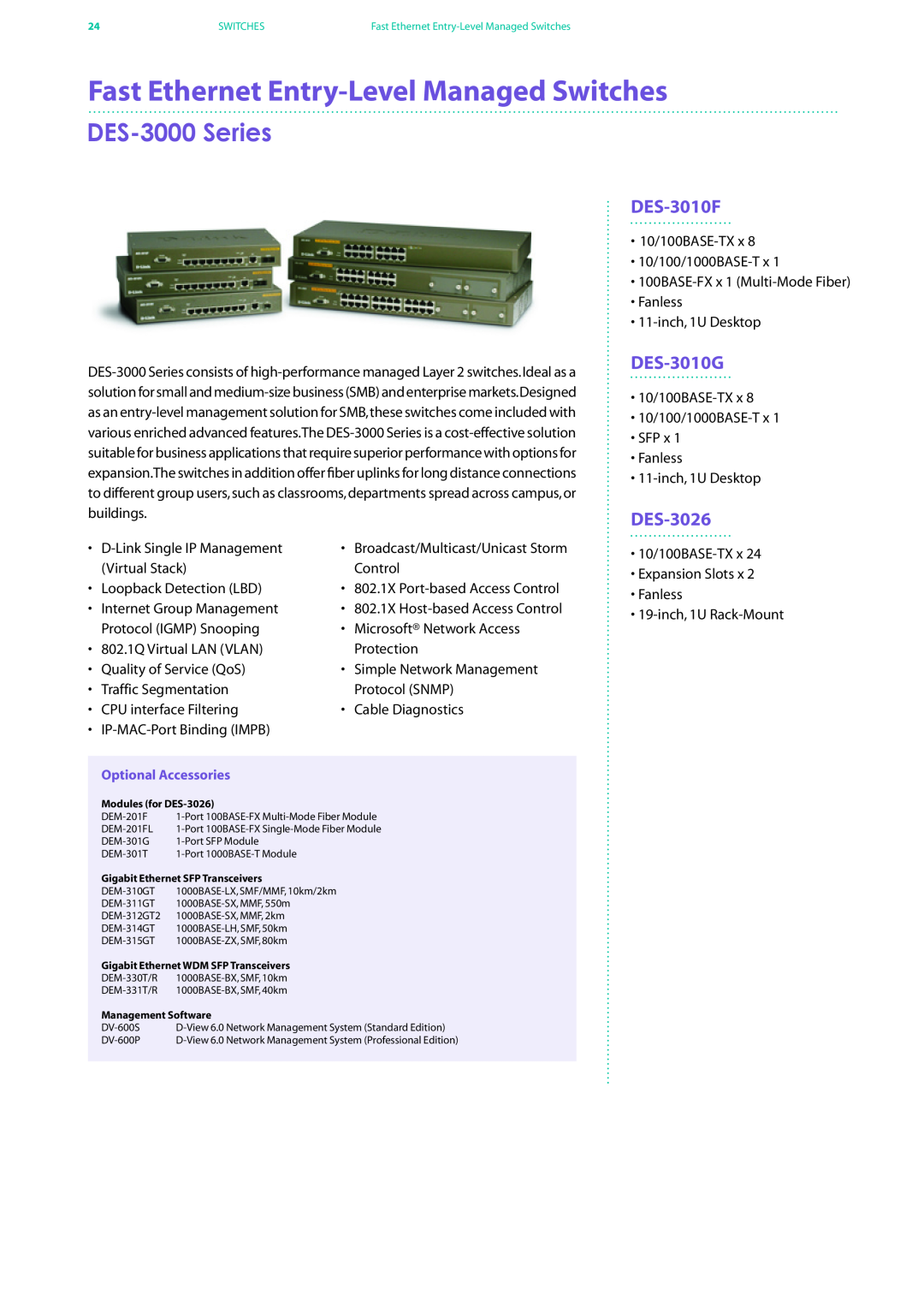 D-Link DES-7200 manual DES-3000 Series, DES-3010F, DES-3010G, DES-3026, Fast Ethernet Entry-Level Managed Switches 