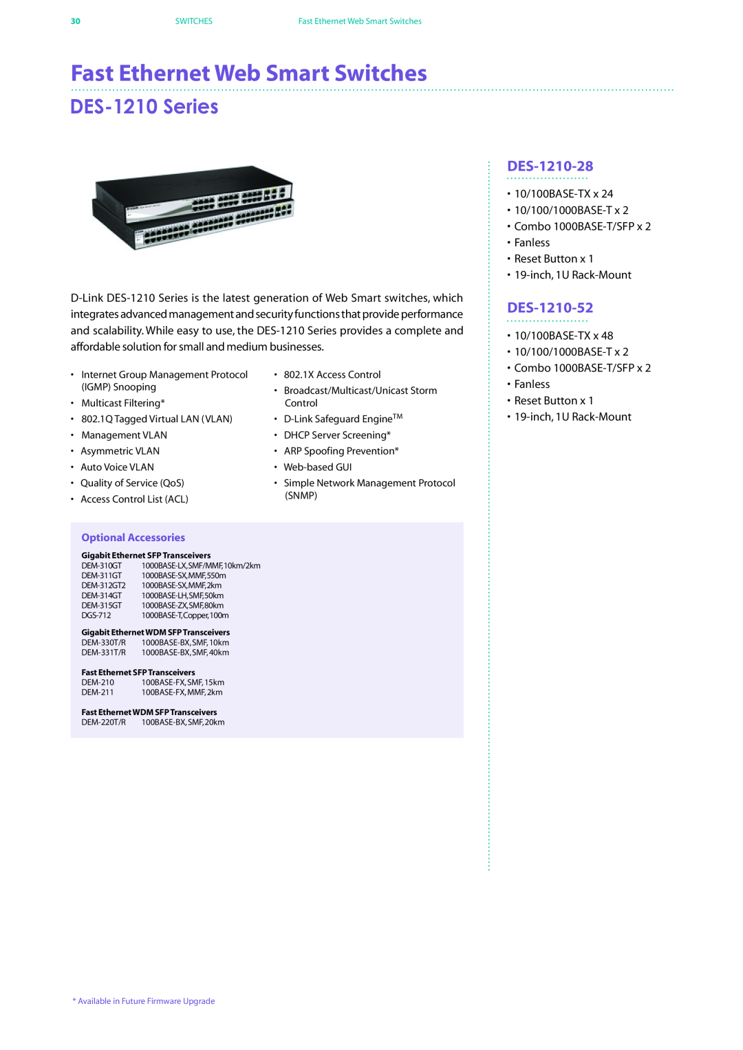 D-Link DES-7200 manual Fast Ethernet Web Smart Switches, DES-1210 Series, DES-1210-28, DES-1210-52, Optional Accessories 