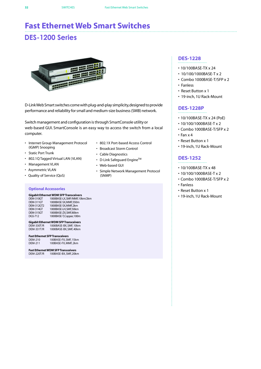 D-Link DES-7200 manual DES-1200 Series, DES-1228P, DES-1252, Fast Ethernet Web Smart Switches 