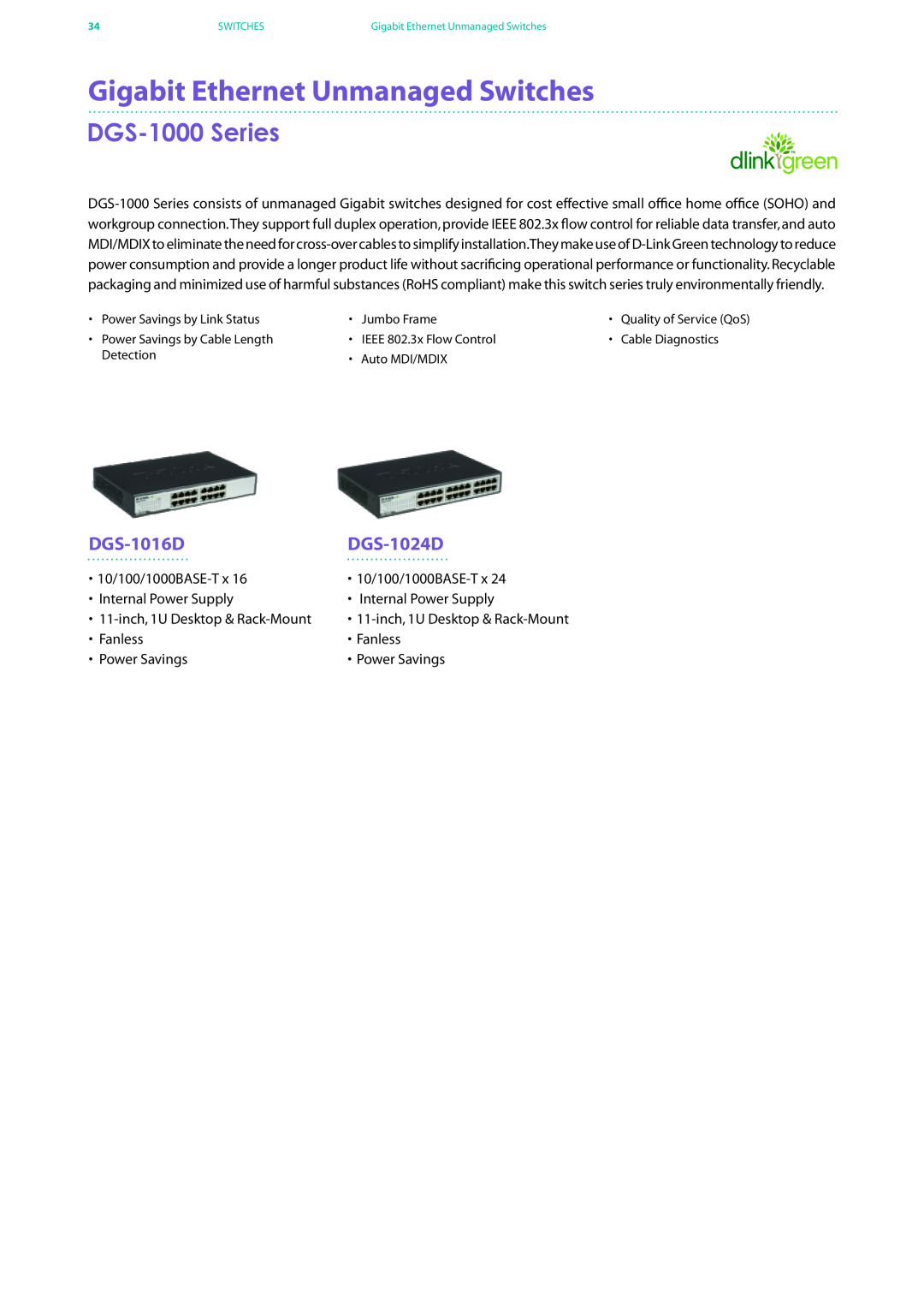 D-Link DES-7200 manual Gigabit Ethernet Unmanaged Switches, DGS-1000 Series, DGS-1016D, DGS-1024D 