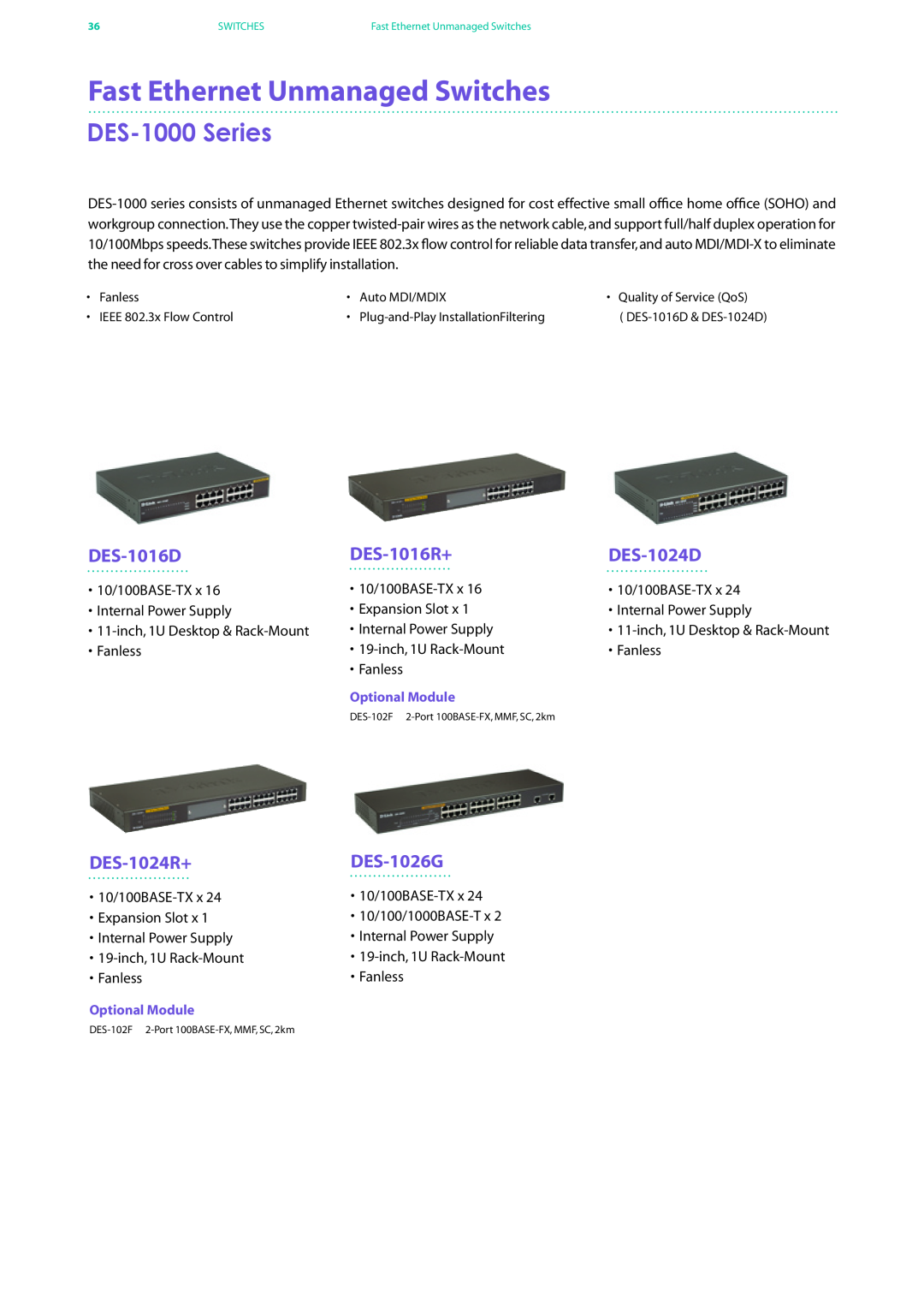 D-Link DES-7200 Fast Ethernet Unmanaged Switches, DES-1000 Series, DES-1016D, DES-1016R+, DES-1024D, DES-1024R+, DES-1026G 