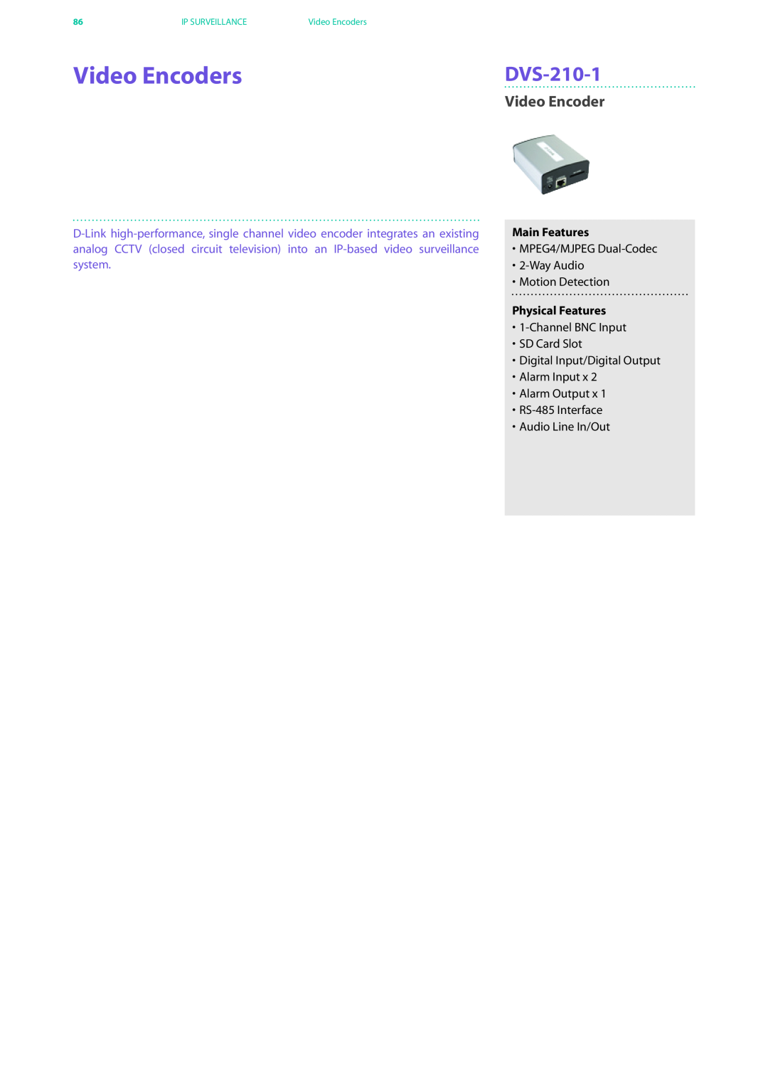 D-Link DES-7200 manual Video Encoders, DVS-210-1, Ip Surveillance, 7186 