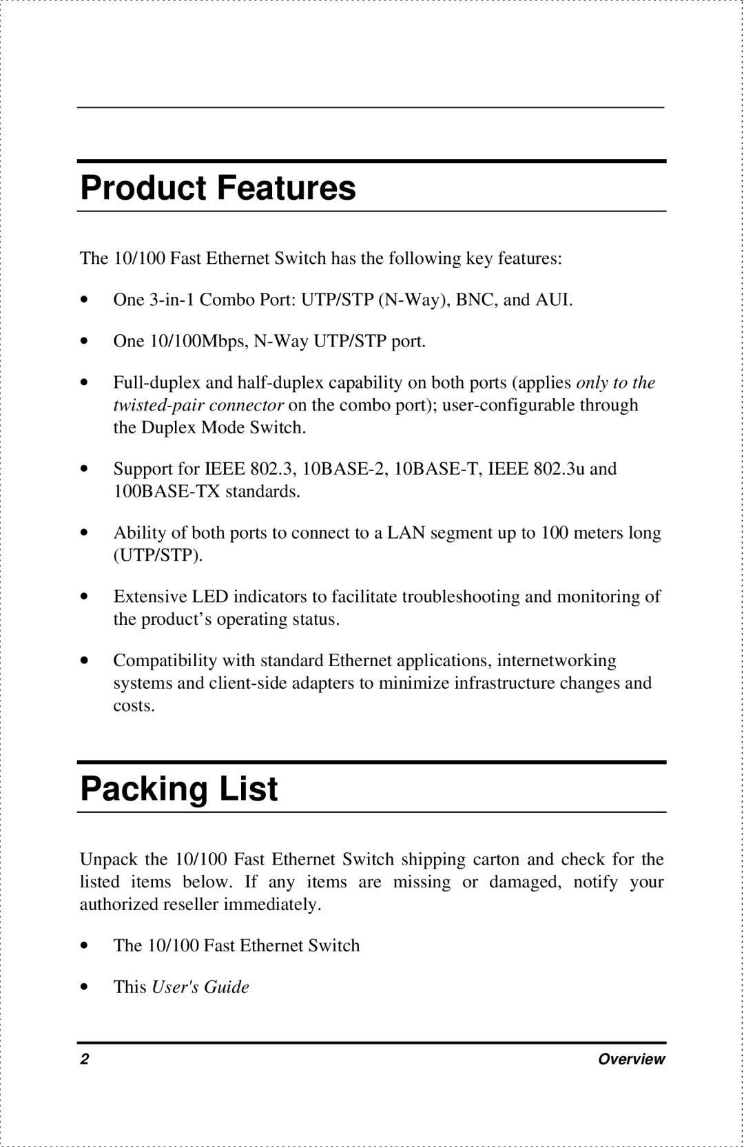 D-Link DES-802 manual Product Features, Packing List 