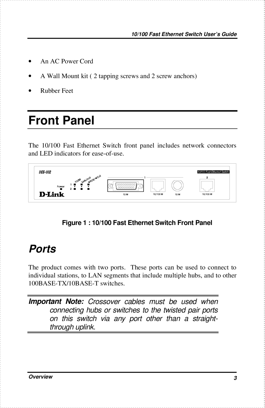 D-Link DES-802 manual Front Panel, Ports 