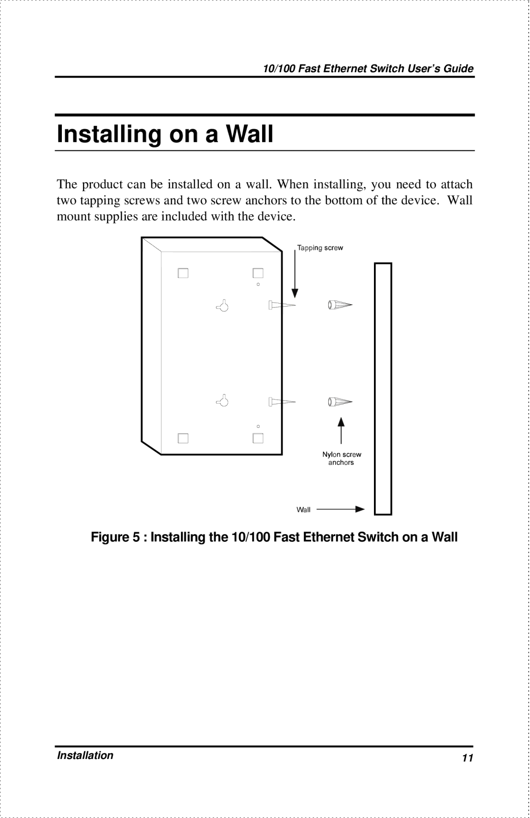 D-Link DES-802 manual Installing on a Wall, Installing the 10/100 Fast Ethernet Switch on a Wall 