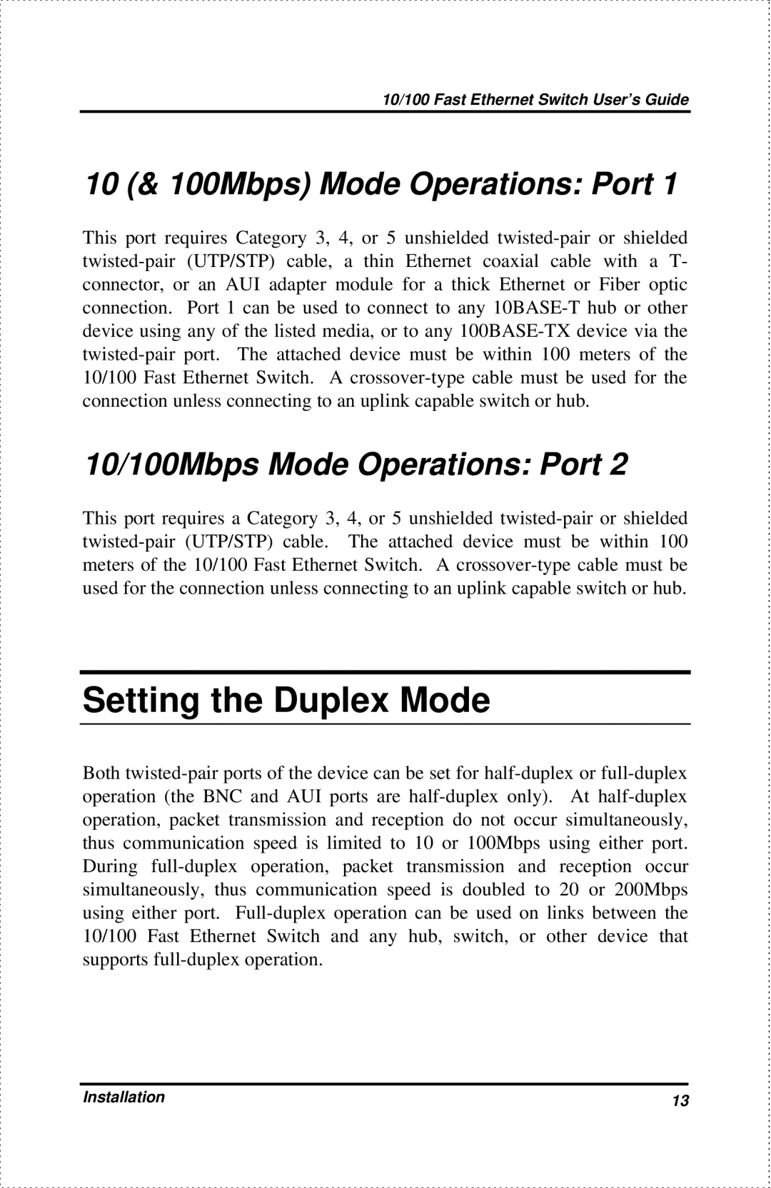 D-Link DES-802 manual Setting the Duplex Mode, 10 & 100Mbps Mode Operations Port 