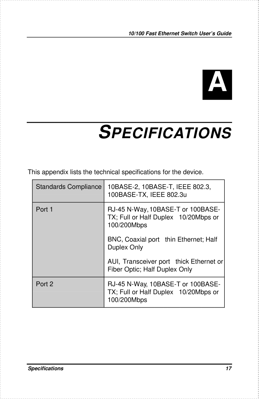 D-Link DES-802 manual Specifications, Port 