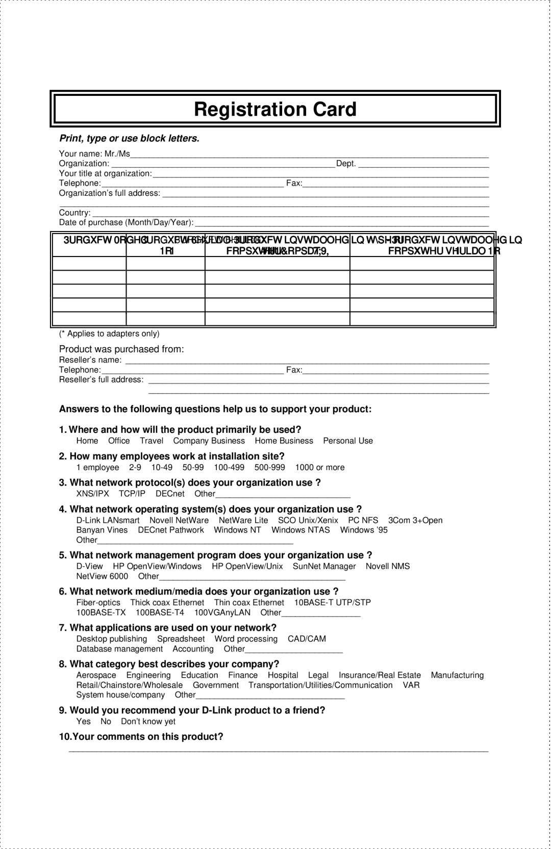 D-Link DES-802 manual Registration Card 