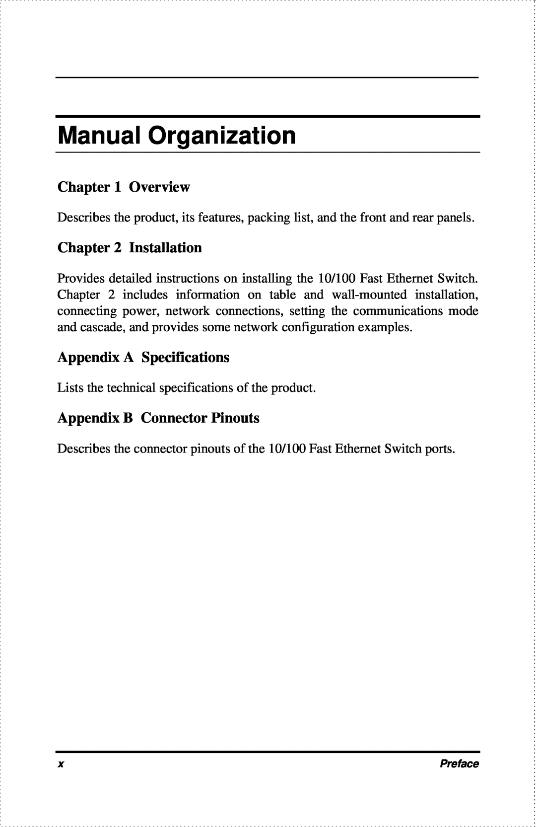 D-Link DES-802 manual Manual Organization, Overview, Installation, Appendix A Specifications, Appendix B Connector Pinouts 