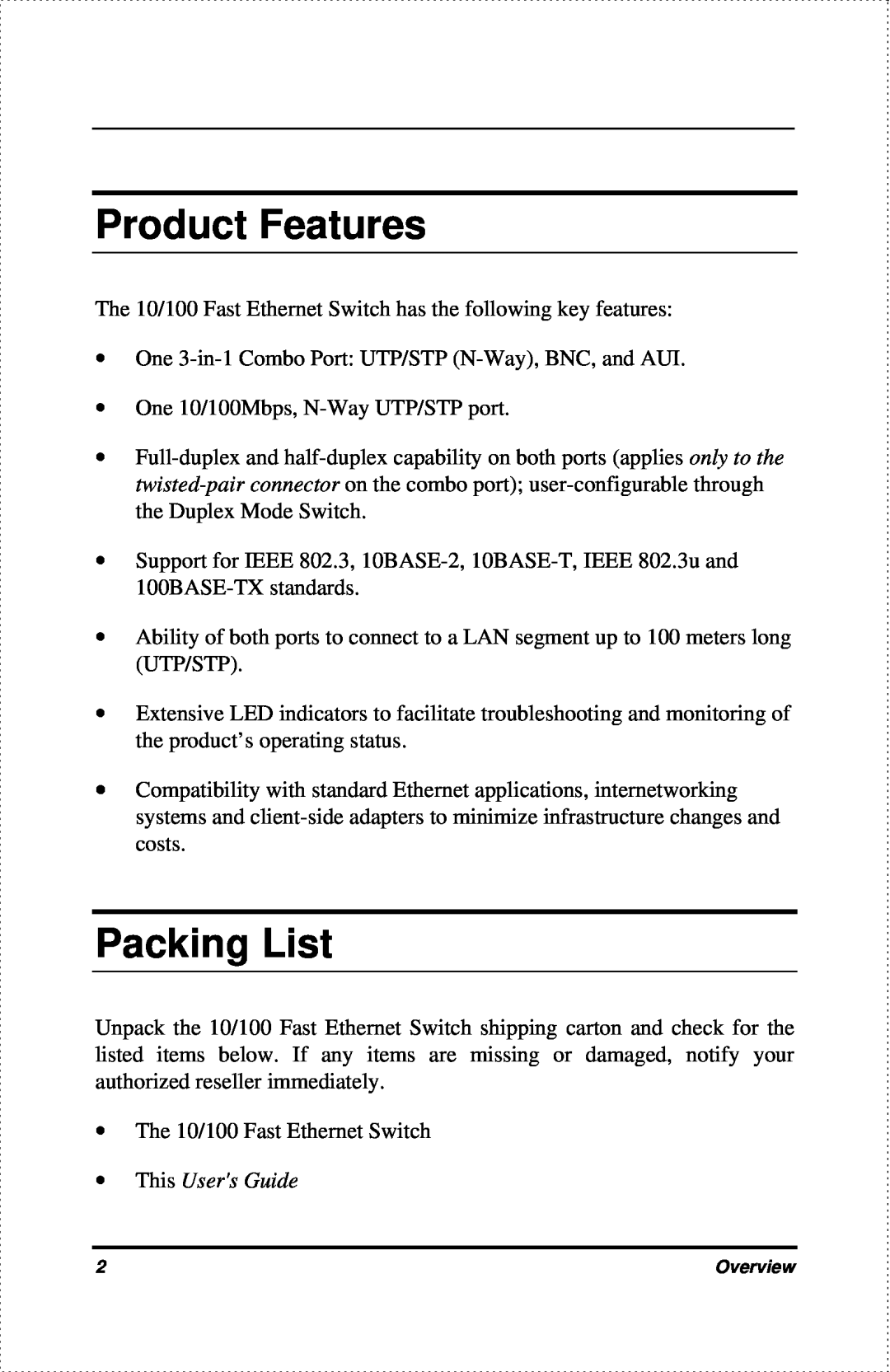 D-Link DES-802 manual Product Features, Packing List 