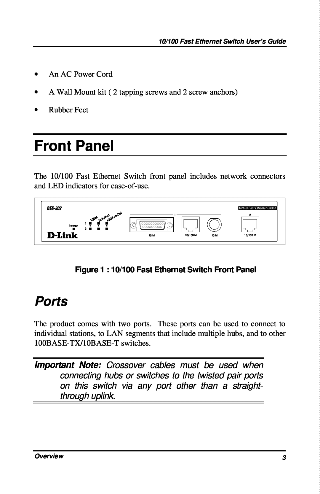 D-Link DES-802 manual Ports, 10/100 Fast Ethernet Switch Front Panel 
