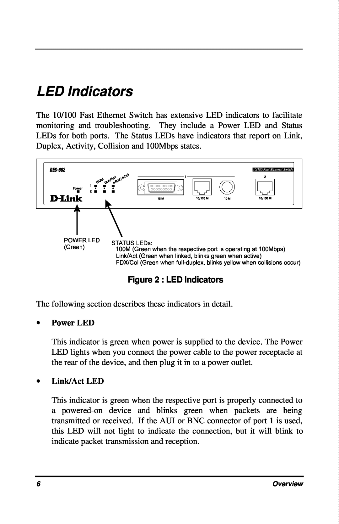 D-Link DES-802 manual LED Indicators, ∙ Power LED, ∙ Link/Act LED 