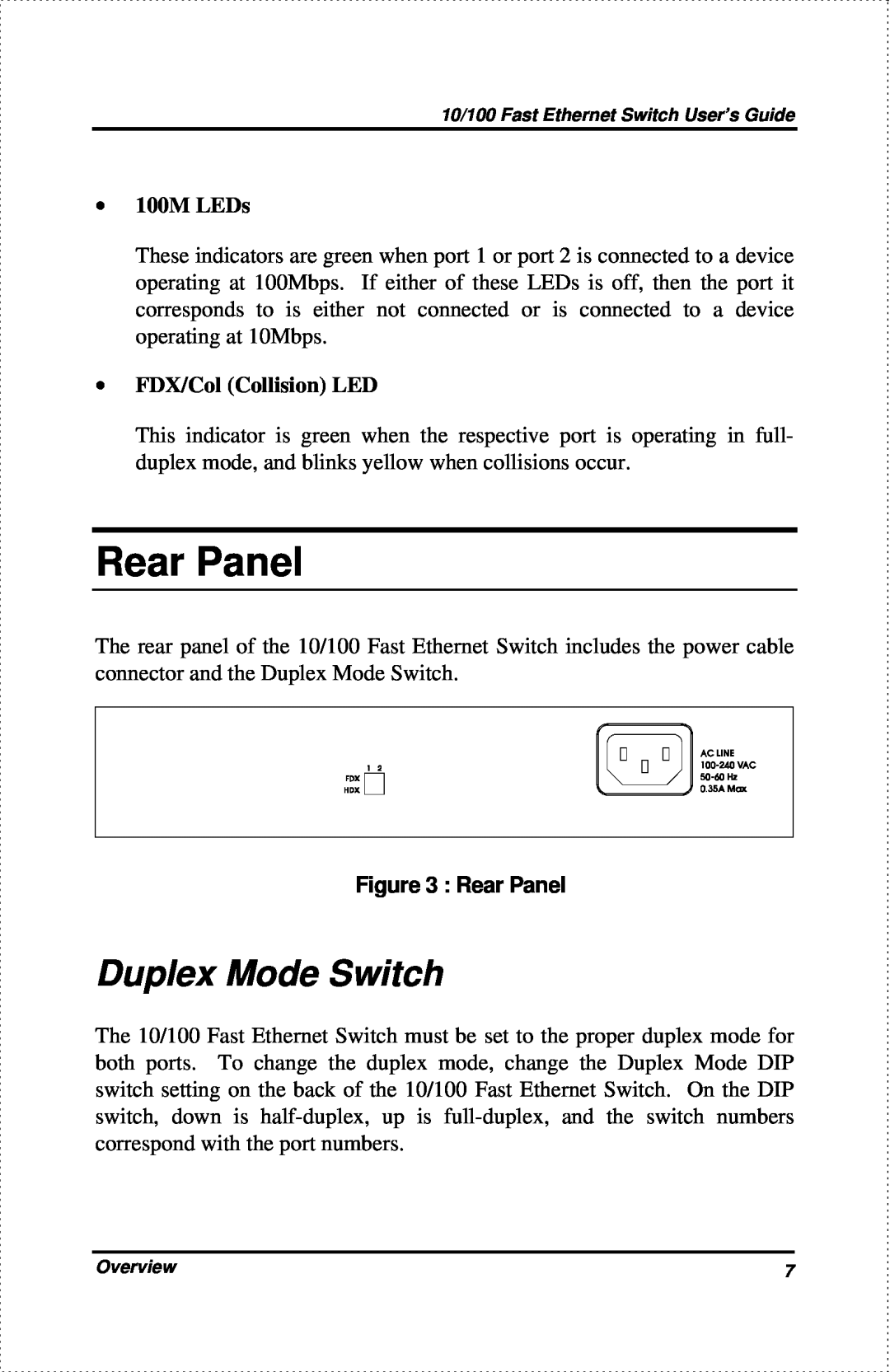 D-Link DES-802 manual Rear Panel, Duplex Mode Switch, ∙ 100M LEDs, ∙ FDX/Col Collision LED 