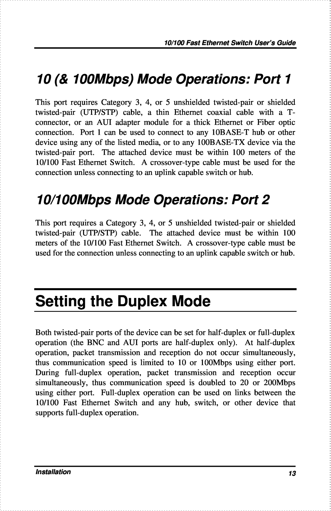 D-Link DES-802 manual Setting the Duplex Mode, 10 & 100Mbps Mode Operations Port, 10/100Mbps Mode Operations Port 