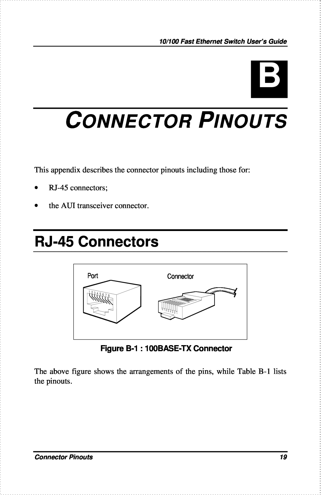 D-Link DES-802 manual Connector Pinouts, RJ-45 Connectors, Figure B-1 100BASE-TX Connector 