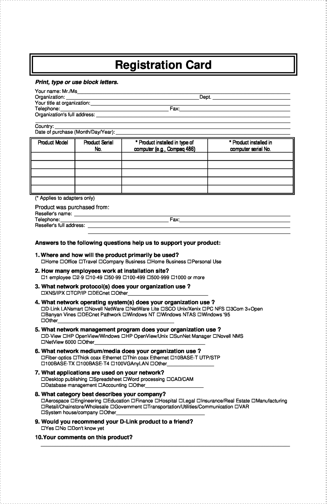 D-Link DES-802 manual Registration Card, Print, type or use block letters 