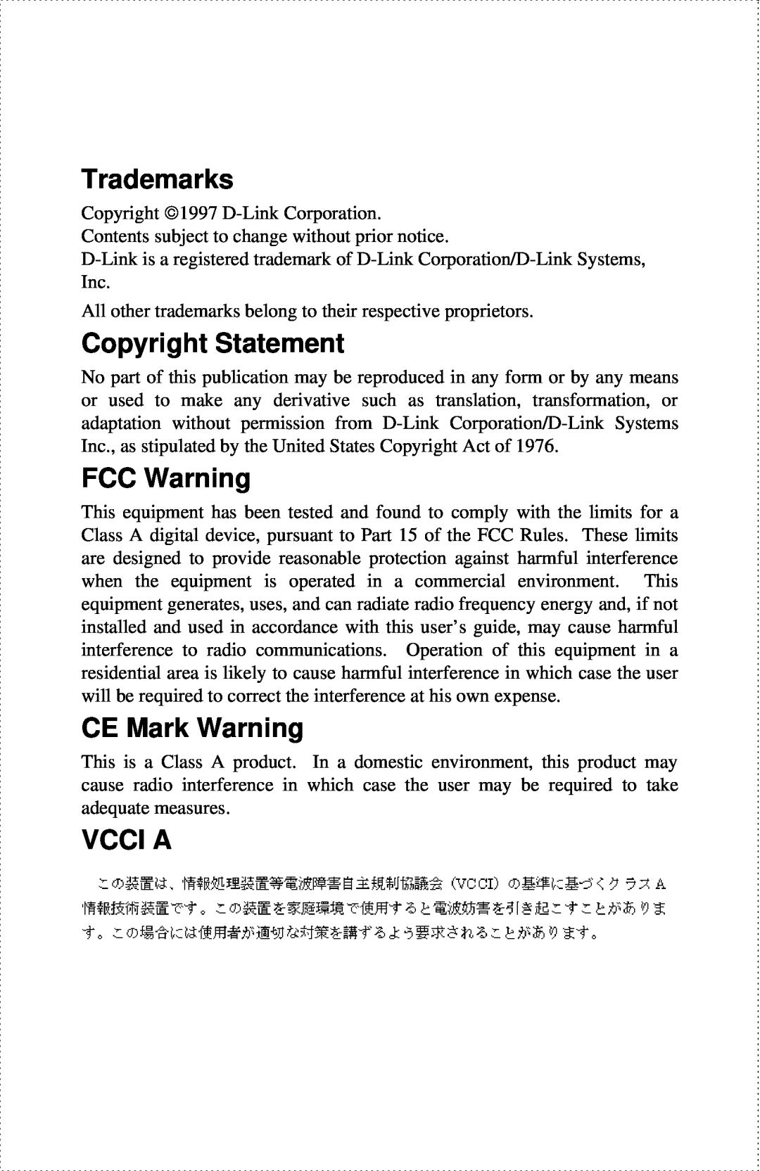 D-Link DES-802 manual Trademarks, Copyright Statement, FCC Warning, CE Mark Warning, Vcci A 