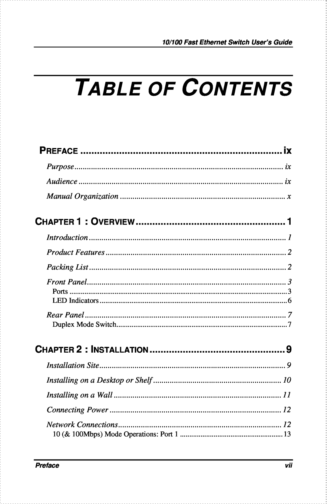 D-Link DES-802 manual Table Of Contents, Preface, Overview, Installation 