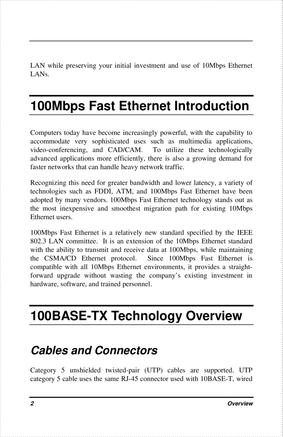 D-Link DES-810, DES-818 manual 100Mbps Fast Ethernet Introduction, 100BASE-TX Technology Overview, Cables and Connectors 