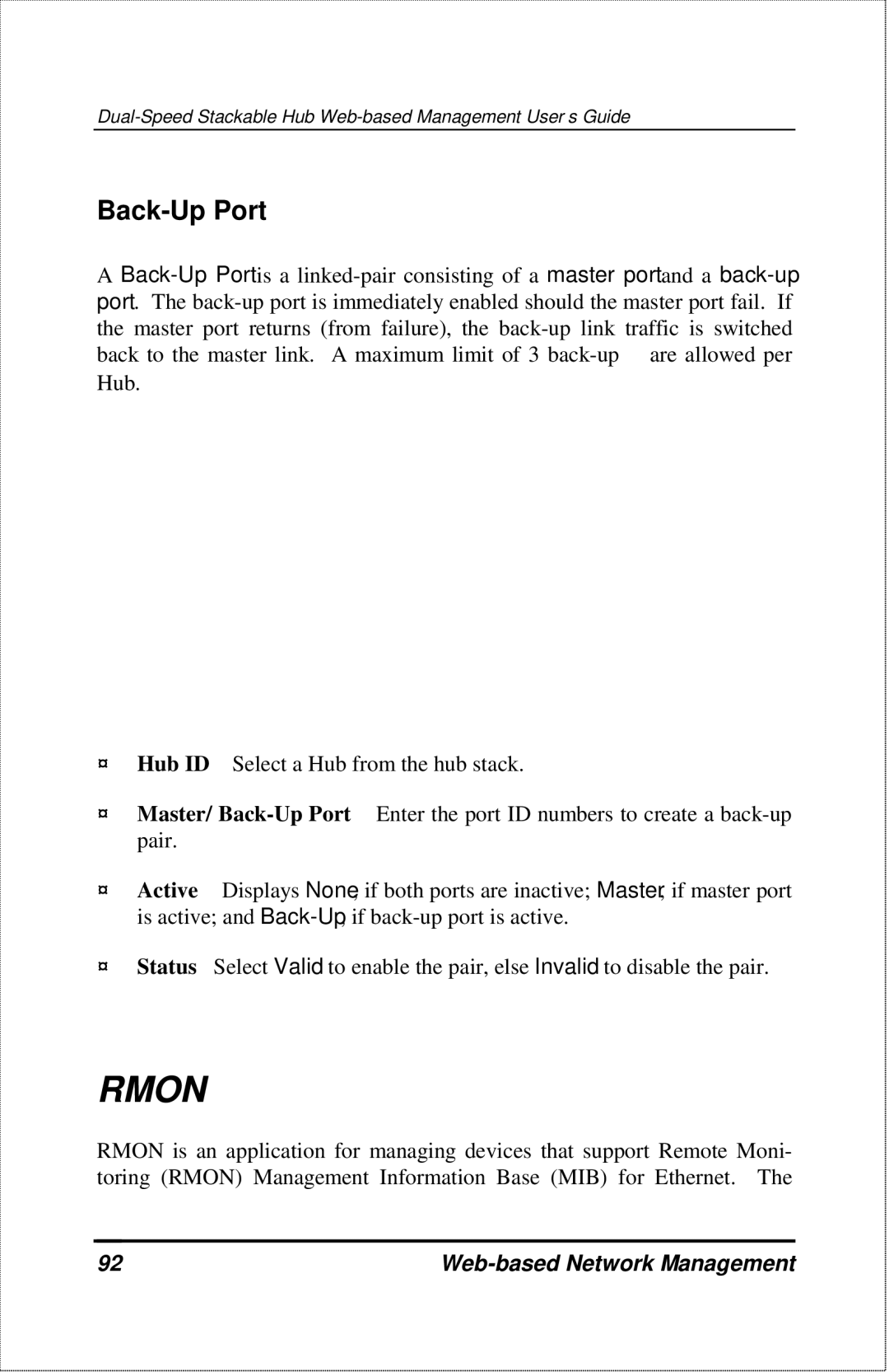 D-Link DFE-2600 manual Rmon, Back-Up Port 