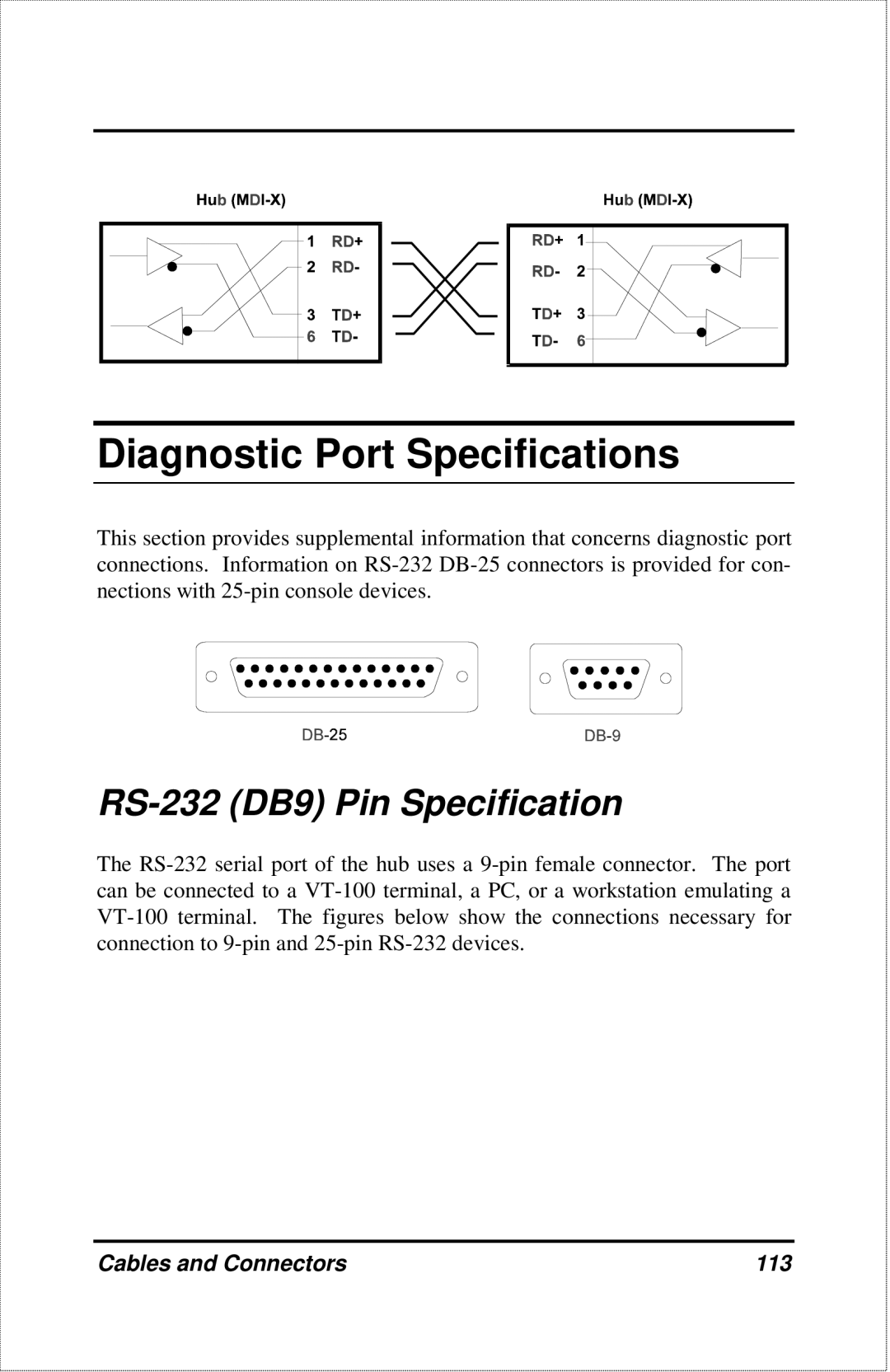 D-Link DFE-2600 manual Diagnostic Port Specifications, RS-232 DB9 Pin Specification, Cables and Connectors 113 