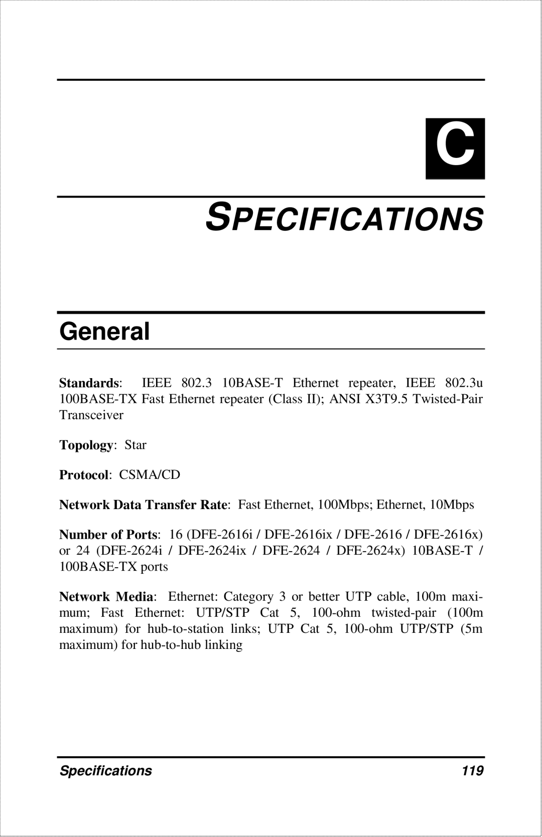 D-Link DFE-2600 manual General, Topology Star, Specifications 119 