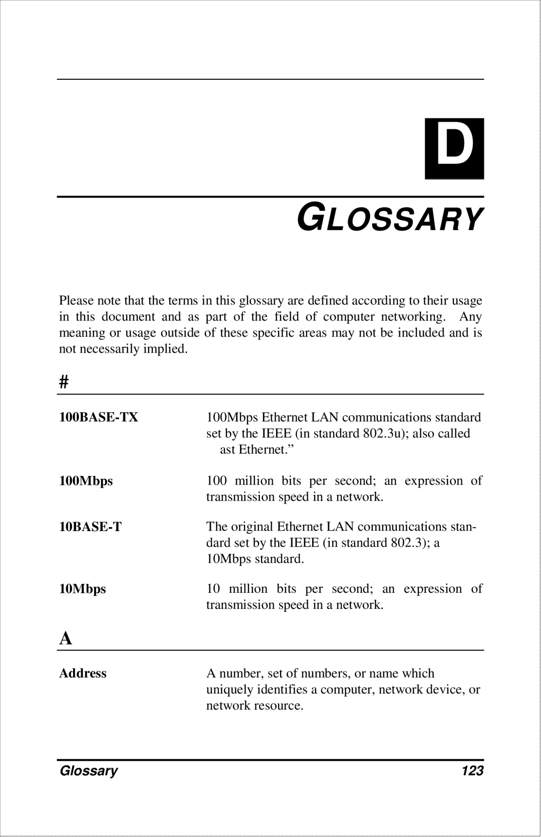 D-Link DFE-2600 manual 100Mbps, 10Mbps, Address, Glossary 123 