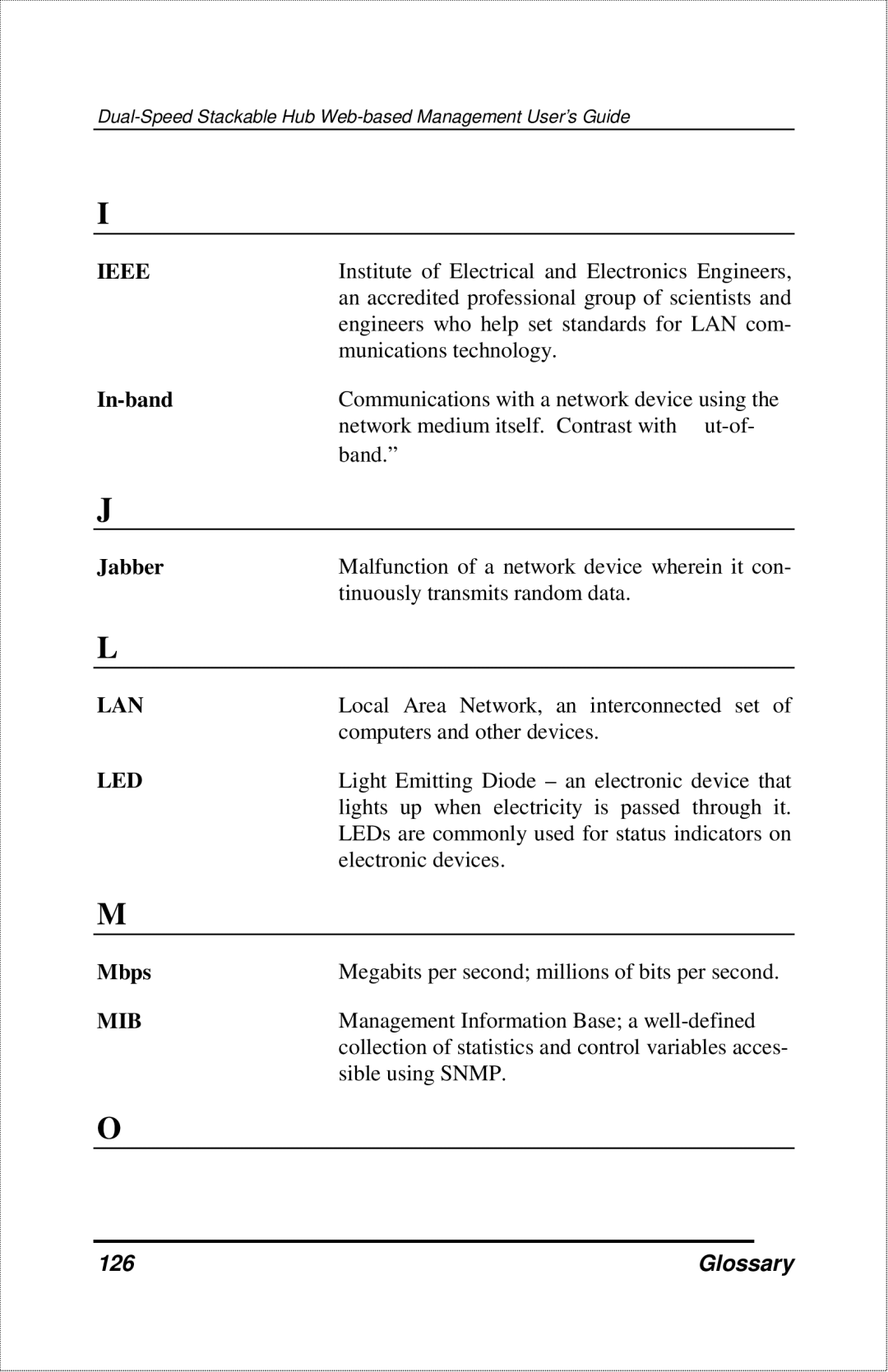 D-Link DFE-2600 manual In-band, Jabber, Mbps, Glossary 